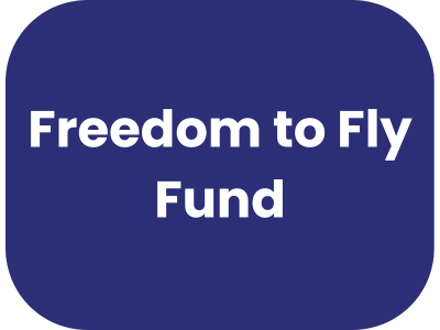 White text saying Freedom to Fly Fund on blue background.
